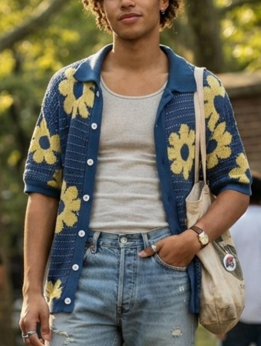 MASSIVE LUXURY Blue Floral Crochet Short Sleeve Button-Down